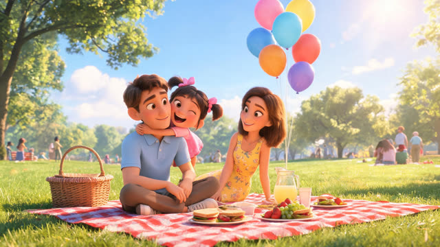 Семья на пикнике в стиле 3D